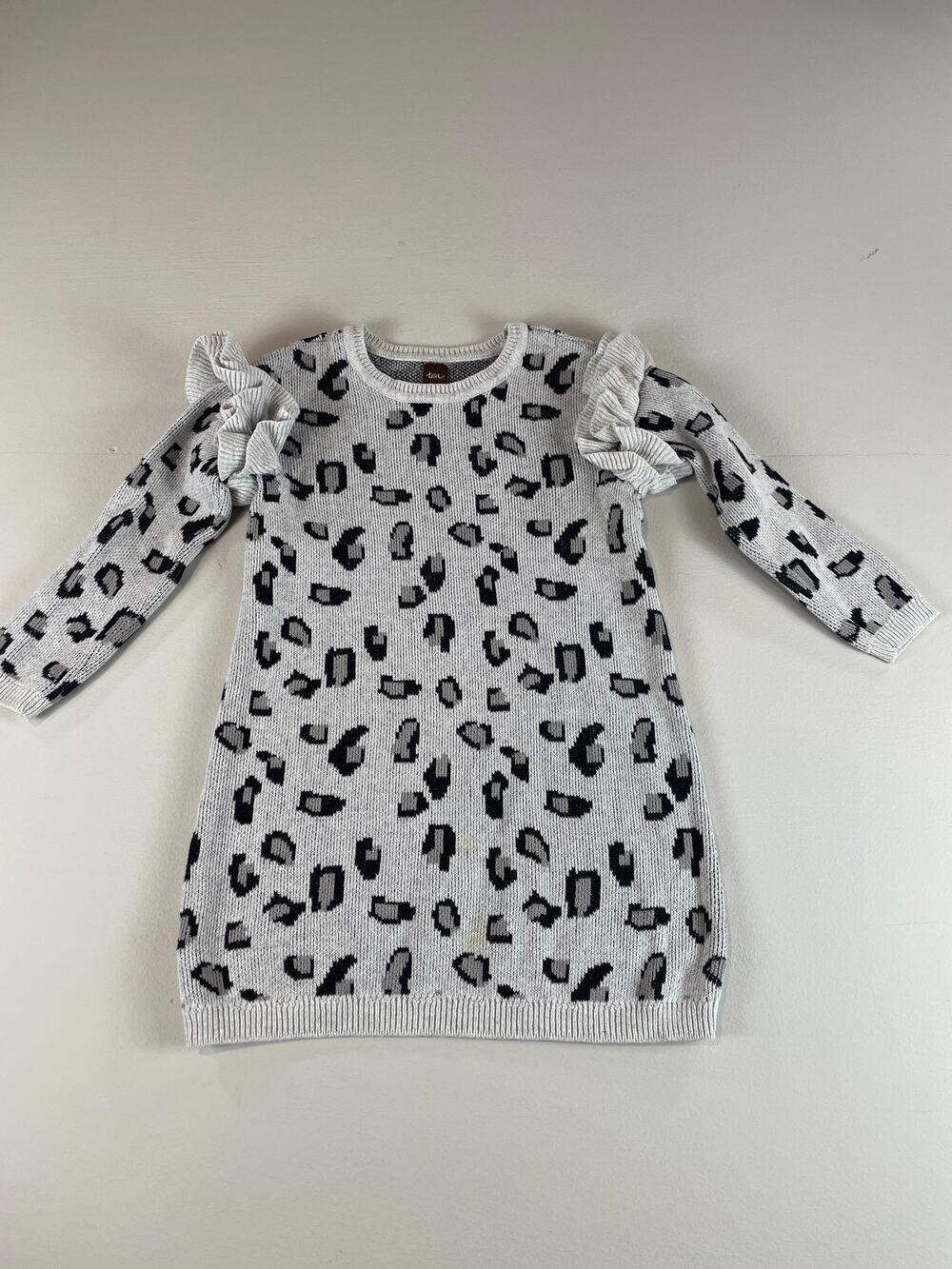 Tea Collection Leopard Sweater Dress Size 5 Black White Knit Ruffle Shoulders